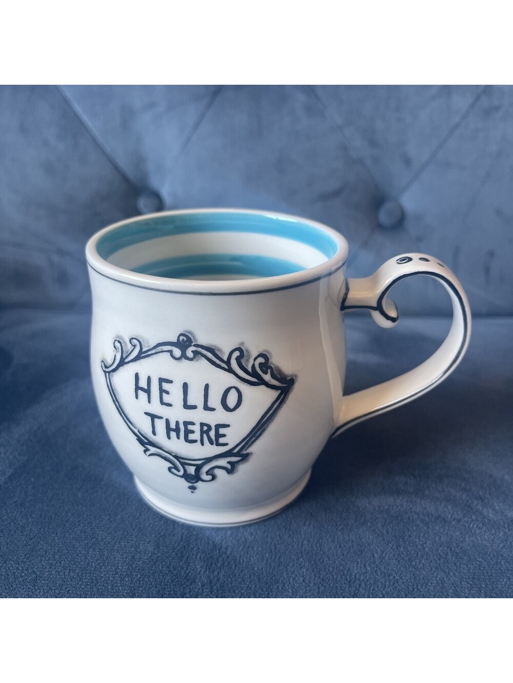 Molly Hatch x Anthropologie Hello There Coffee Mug Black White Blue Stripes